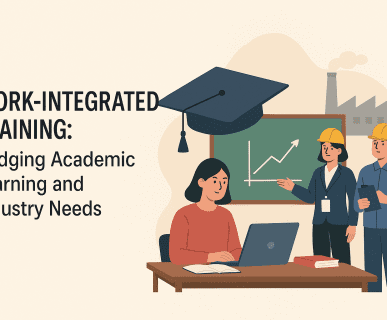 Illustration of a student learning on a laptop with industry professionals guiding, symbolising work-integrated training.