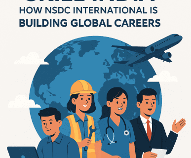 Indian youth gaining global career skills through NSDC International and DMC Finishing School, depicted by young professionals across industries with a globe and airplane symbolizing international opportunities.