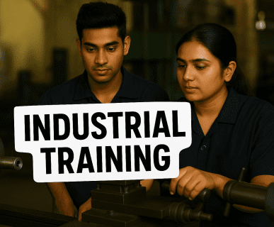 Two Indian students engaged in hands-on industrial training, operating a lathe machine in a workshop under the guidance of DMC Finishing School Pvt. Ltd.
