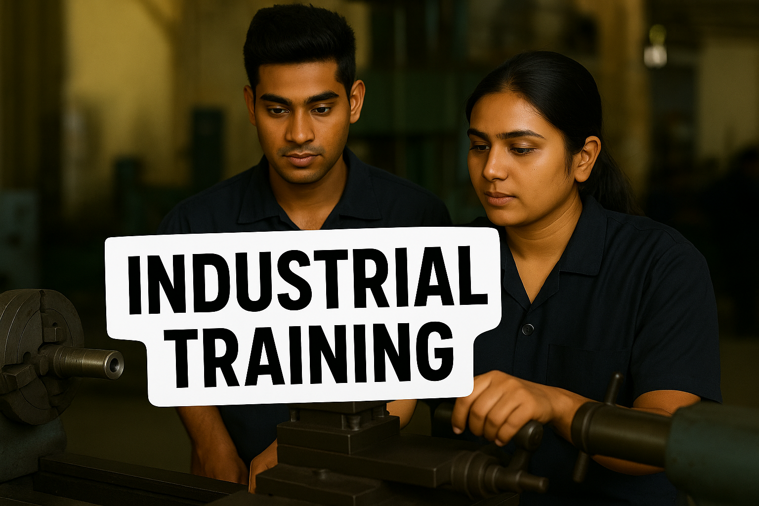 Two Indian students engaged in hands-on industrial training, operating a lathe machine in a workshop under the guidance of DMC Finishing School Pvt. Ltd.