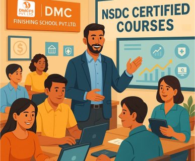 Illustration of students learning vocational skills in a modern classroom setting representing NSDC skill development programs at DMC Finishing School Pvt. Ltd.