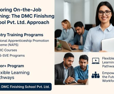 A promotional graphic for DMC Finishing School Pvt. Ltd., highlighting its on-the-job training approach with sections on industry training programs, the Mentor+ program, and flexible learning pathways. The image features students and professionals engaged in training activities.
