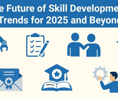 Infographic showing icons related to future skill trends including automation, assessment, mentorship, certification, and growth, aligned with DMC Finishing School Pvt. Ltd.’s industry-focused training.