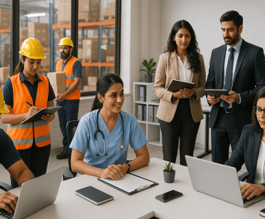 A diverse group of professionals including warehouse workers, healthcare staff, and corporate employees collaborating in a modern workplace to represent general staffing services and business efficiency