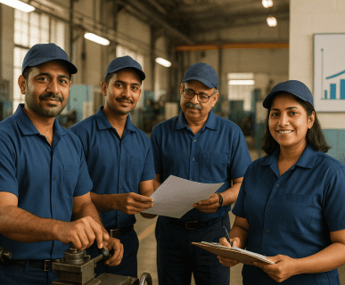 A team of skilled Indian blue-collar workers in uniform, confidently collaborating in an industrial workshop, symbolizing permanent staffing and business growth.