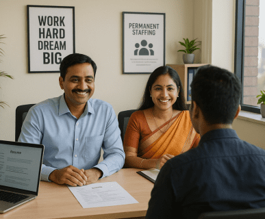 HR professionals conducting a job interview at DMC Finishing School Pvt. Ltd., showcasing a streamlined hiring and permanent staffing process in a modern Indian office setting.