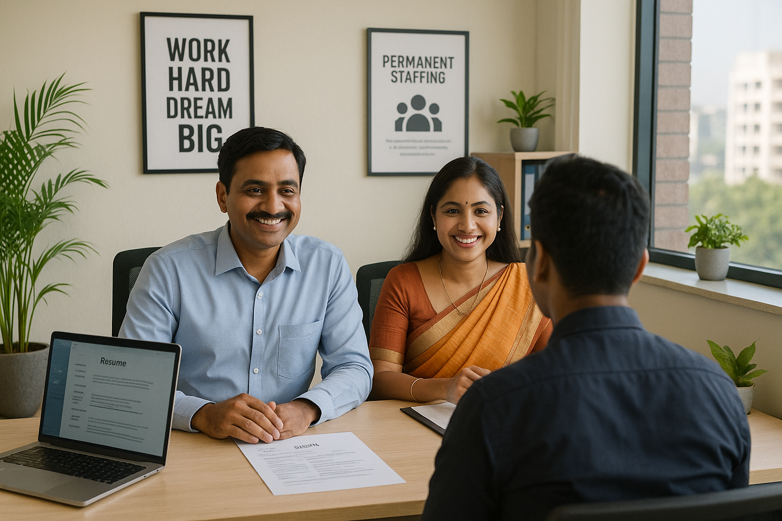 HR professionals conducting a job interview at DMC Finishing School Pvt. Ltd., showcasing a streamlined hiring and permanent staffing process in a modern Indian office setting.