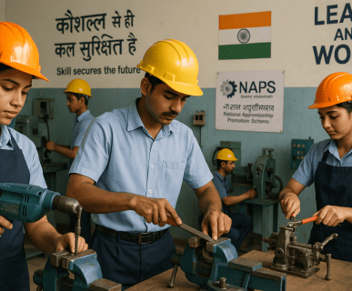 Indian students undergoing hands-on apprenticeship training under the NAPS scheme in a vocational classroom with safety gear and technical equipment.