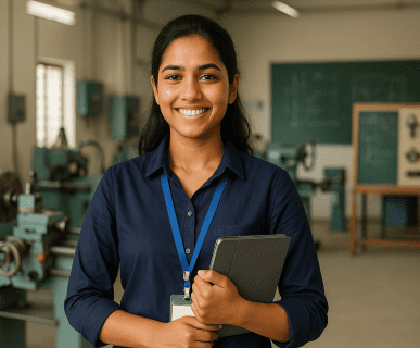 Young Indian female apprentice in a technical training workshop, representing skill development and industry-linked training by DMC Finishing School Pvt. Ltd. under the NAPS Apprenticeship Scheme.