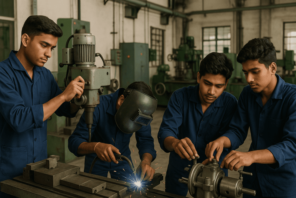 Apprentices receiving practical training on industrial equipment under NAPS in India.