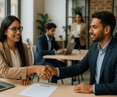 Professional recruiter finalizing a successful interview with a candidate through a handshake — symbolizing right talent hiring and permanent recruitment services.