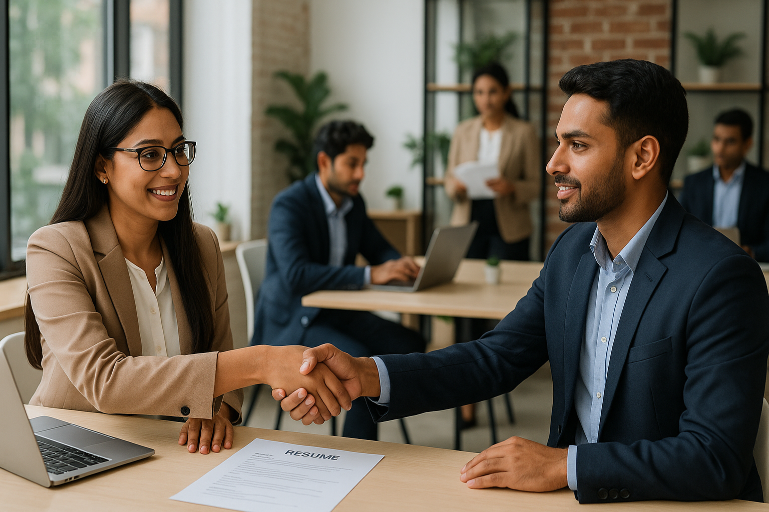 Professional recruiter finalizing a successful interview with a candidate through a handshake — symbolizing right talent hiring and permanent recruitment services.