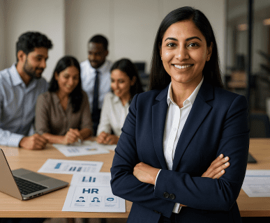 Professional HR manager at DMC Finishing School Pvt. Ltd. confidently leading a workforce management meeting with team collaboration in the background