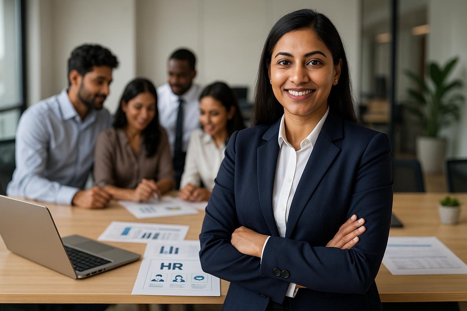 Professional HR manager at DMC Finishing School Pvt. Ltd. confidently leading a workforce management meeting with team collaboration in the background
