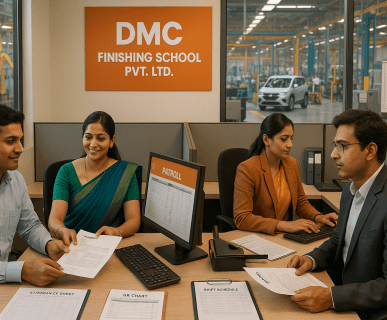 Indian HR professionals at DMC Finishing School Pvt. Ltd. managing payroll and staffing operations in a manufacturing and automotive sector office setting.