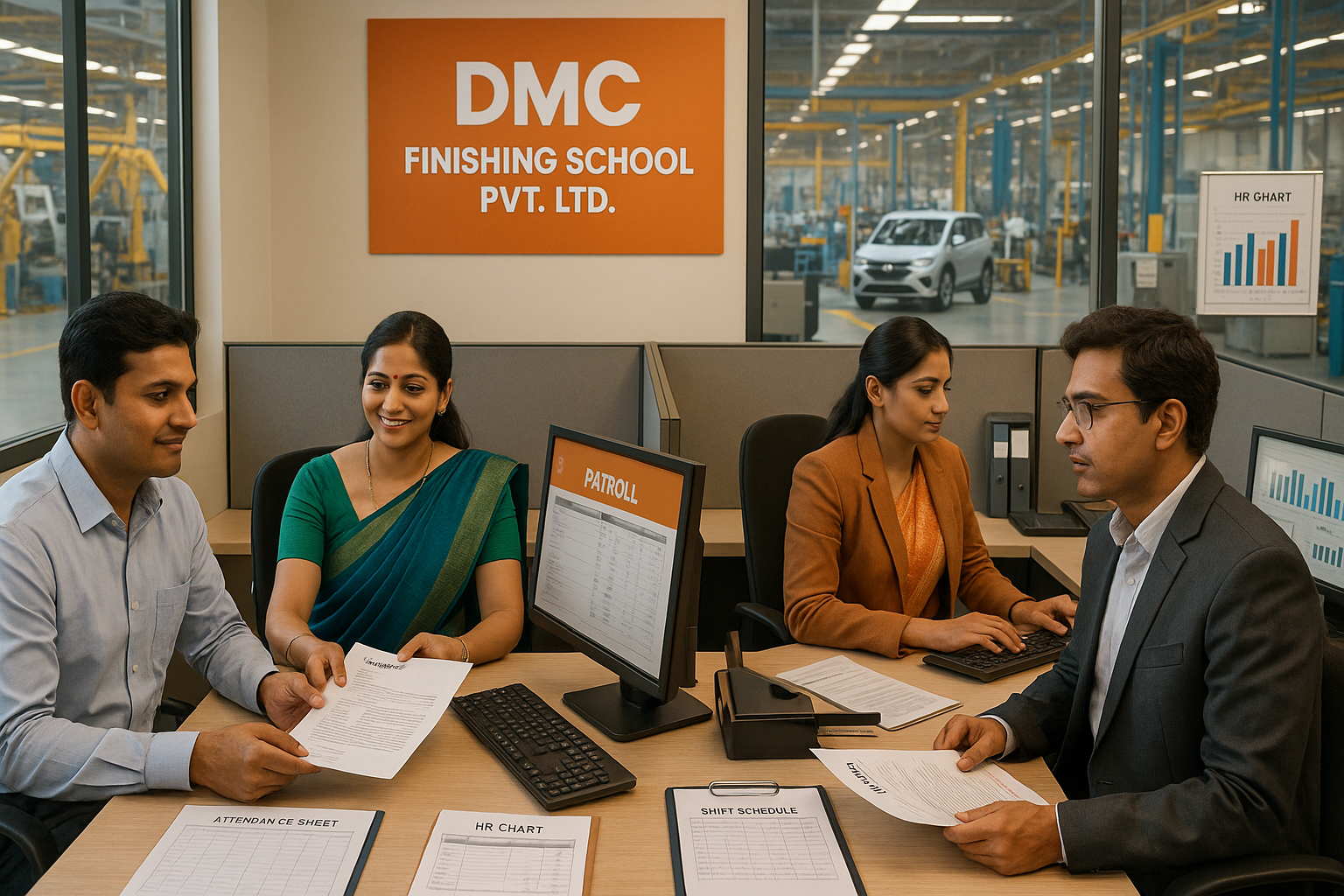 Indian HR professionals at DMC Finishing School Pvt. Ltd. managing payroll and staffing operations in a manufacturing and automotive sector office setting.