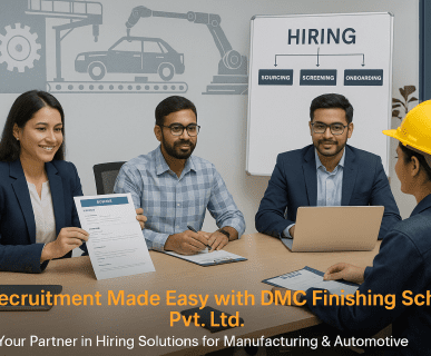 A recruitment panel from DMC Finishing School Pvt. Ltd. interviewing a female candidate in safety gear, with a hiring process flowchart (Sourcing, Screening, Onboarding) displayed in the background—highlighting recruitment services for manufacturing and automotive sectors.