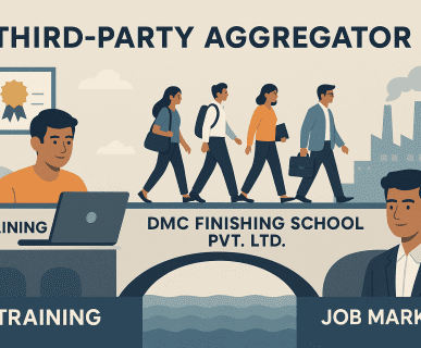 Illustration showing DMC Finishing School Pvt. Ltd. as a bridge between training and job market, with youth walking across symbolizing apprenticeship support through the NAPS Scheme.