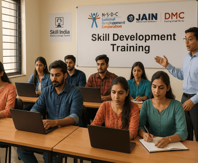 Students participating in a Skill Development Training session at DMC Finishing School Pvt. Ltd. in partnership with Jain University and NSDC under the Skill India initiative.