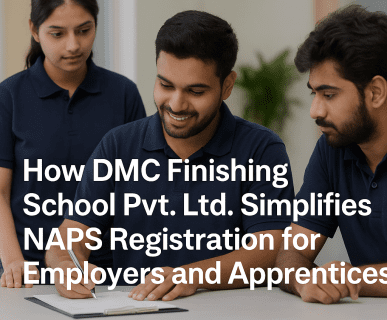 Three apprentices in navy blue uniforms registering for the NAPS Apprenticeship Program with guidance, showcasing how DMC Finishing School Pvt. Ltd. supports the registration process.