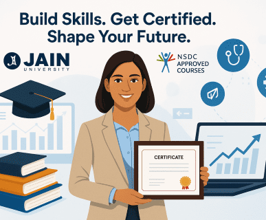 Young Indian professional holding a certificate with icons representing skill development, education, and career growth, highlighting Jain University’s NSDC Approved Courses offered by DMC Finishing School Pvt. Ltd.