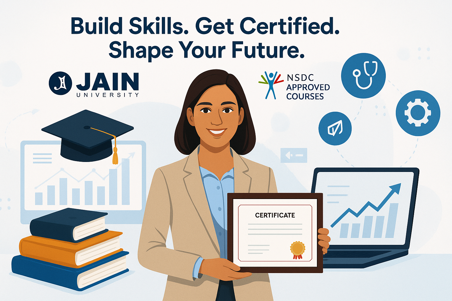 Young Indian professional holding a certificate with icons representing skill development, education, and career growth, highlighting Jain University’s NSDC Approved Courses offered by DMC Finishing School Pvt. Ltd.