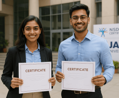 Two Indian students proudly holding their NSDC certification certificates in front of Jain University, representing successful completion of skill development programs.