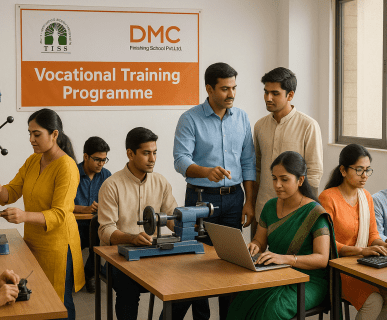 Students and professionals participating in a TISS-SVE vocational training session at DMC Finishing School Pvt. Ltd., engaging in hands-on learning with machines and computers.