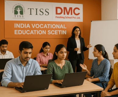 Students participating in a TISS-SVE vocational training session at DMC Finishing School Pvt. Ltd., learning practical skills on laptops under faculty supervision.