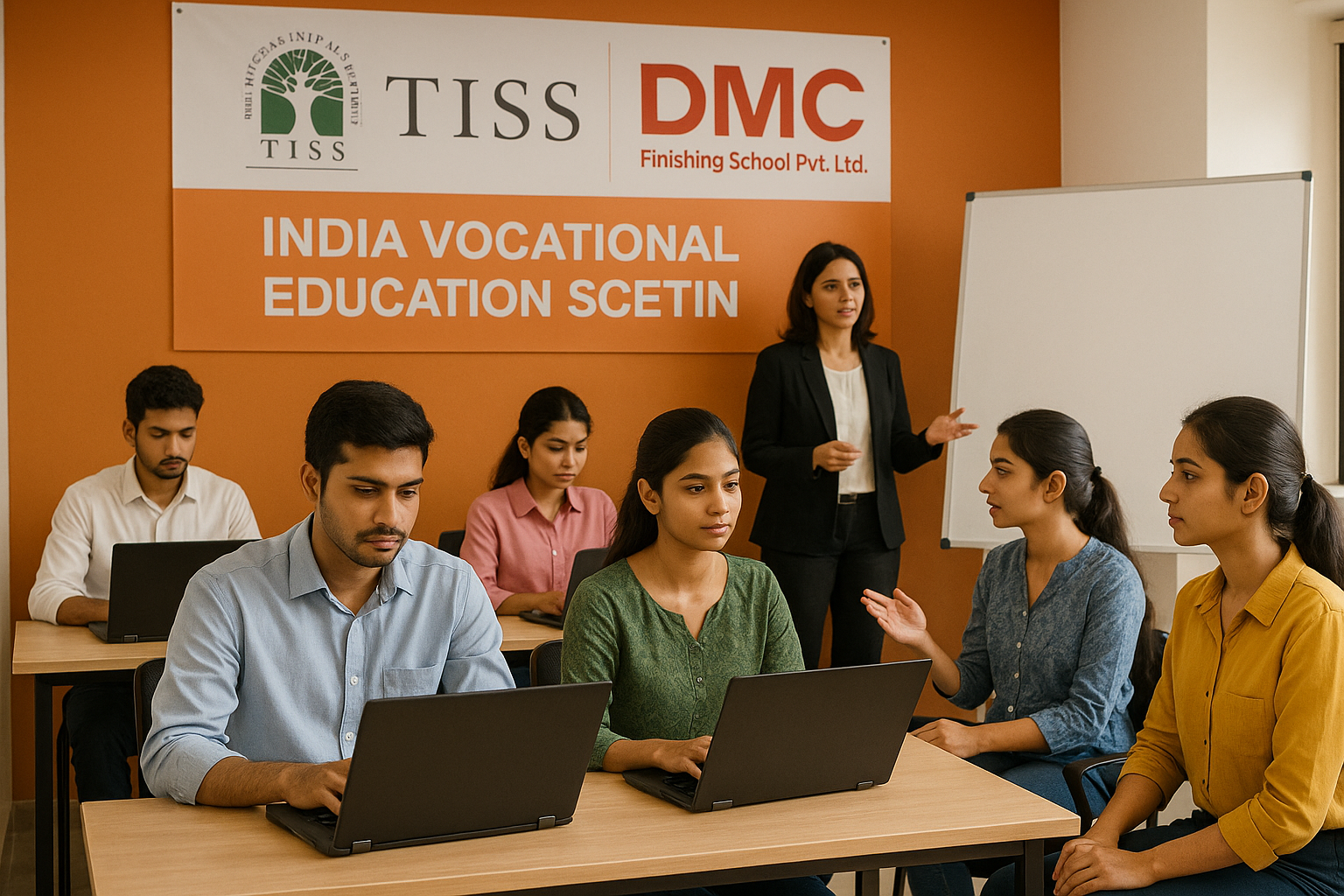 Students participating in a TISS-SVE vocational training session at DMC Finishing School Pvt. Ltd., learning practical skills on laptops under faculty supervision.