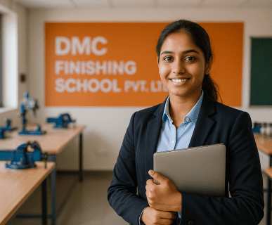 A confident young Indian student at DMC Finishing School Pvt. Ltd., holding a laptop in a vocational training classroom, representing skill-based learning and TISS-SVE programs.