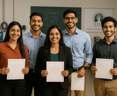 A group of smiling young Indian professionals proudly holding certificates in a modern vocational training classroom, representing successful graduates of TISS-SVE courses at DMC Finishing School Pvt. Ltd.
