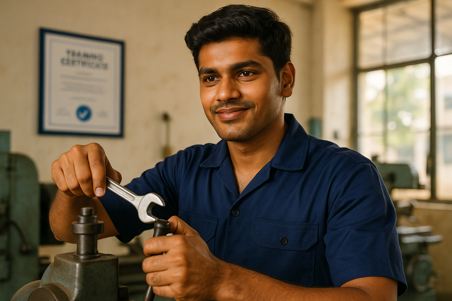 Young Indian blue-collar worker in a blue uniform confidently using a wrench in a workshop setting, with a training certificate visible in the background, symbolizing skill development and the learn-and-earn concept.