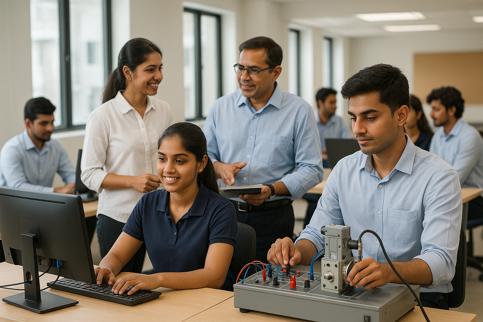 Group of young Indian students and mentors engaged in hands-on technical and computer-based learning in a modern classroom, representing earn while learning and job-ready skill development.