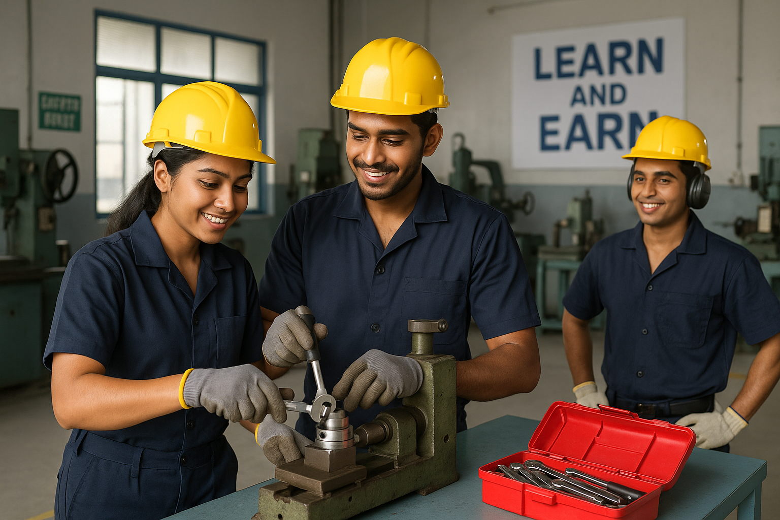 Young Indian blue-collar workers in a workshop learning practical skills under the ‘Learn and Earn’ model at DMC Finishing School Pvt. Ltd.