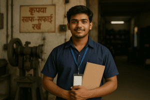 Young Indian blue-collar worker standing confidently with a folder and ID badge inside a training facility, representing DMC Finishing School Pvt. Ltd.’s Learn and Earn program.